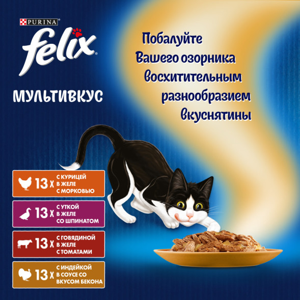 Felix Sensations набор паучей для кошек с курицей и морковью; говядиной и томатами; уткой со шпинатом в желе; индейкой со вкусом бекона в соусе - 75 г х 52 шт