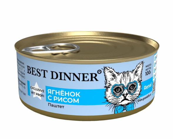 Best Dinner Exclusive Vet Profi Renal влажный корм для кошек при заболеваниях почек, паштет с ягненком и рисом, в консервах - 100 г х 24 шт