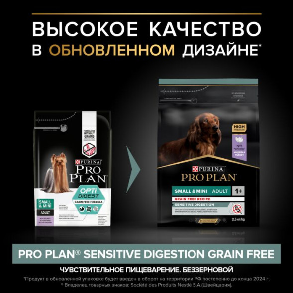 Сухой корм PRO PLAN® для взрослых собак мелких и карликовых пород с чувствительным пищеварением GRAIN FREE (беззерновой), с высоким содержанием индейки 2,5 кг