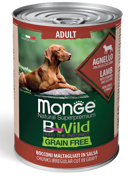 Monge Dog BWild Grain Free влажный беззерновой корм для взрослых собак всех пород с ягненком, тыквой и кабачками в консервах 400 г (24 шт в уп)