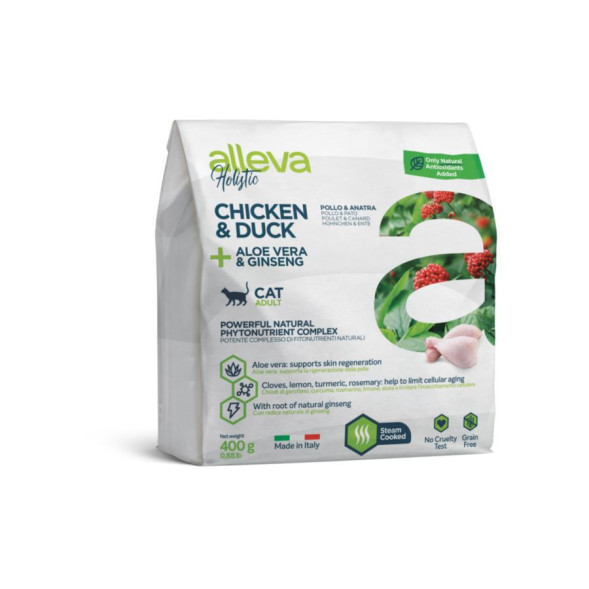 Alleva Holistic Cat Adult Chicken &amp;amp; Duck сухой корм для взрослых кошек с курицей и уткой, алое вера и женьшенем - 400 г