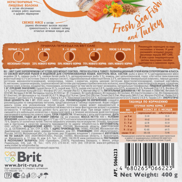 Brit Care Cat Sterilised Weight Control сухой корм для стерилизованных кошек для контроля веса, с морской рыбой и индейкой - 400 г