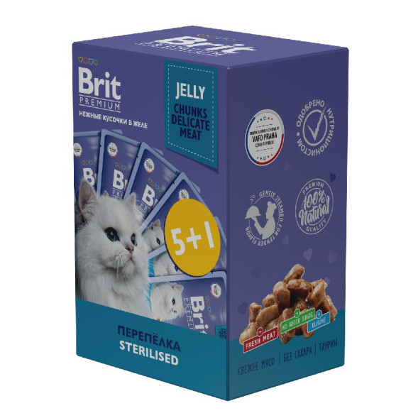 Brit Premium набор паучей для взрослых стерилизованных кошек с препелкой кусочки в желе - 85 г х 5+1 шт
