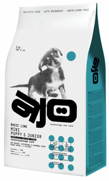 AJO Dog Mini Puppy&amp;amp;Junior сухой корм для щенков малых пород с курицей и гречкой - 8 кг