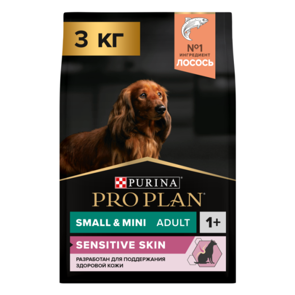 Сухой корм PRO PLAN® для взрослых собак мелких и карликовых пород с чувствительной кожей, с высоким содержанием лосося 3 кг