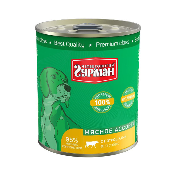 Четвероногий Гурман Мясное ассорти консервированный корм для собак с потрошками - 340 г (12 шт)