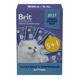 Brit Premium набор паучей для котят с телятиной и морковью кусочки в желе - 85 г х 5+1 шт