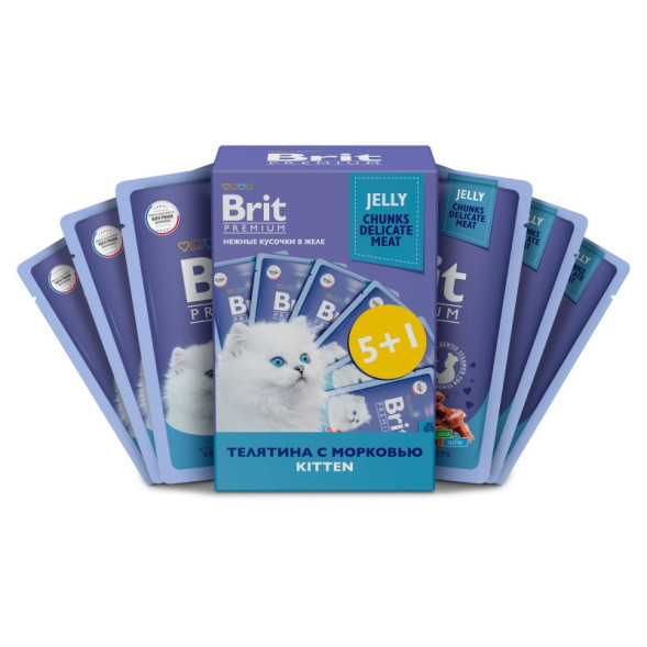 Brit Premium набор паучей для котят с телятиной и морковью кусочки в желе - 85 г х 5+1 шт