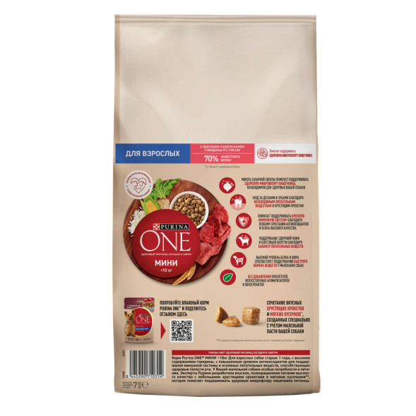 Purina One Мини сухой корм для взрослых собак мелких пород, с высоким содержанием говядины и рисом - 7 кг