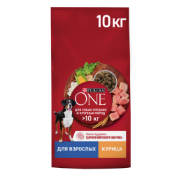 Сухой корм Purina ONE для взрослых собак средних и крупных пород с курицей и рисом, 10 кг