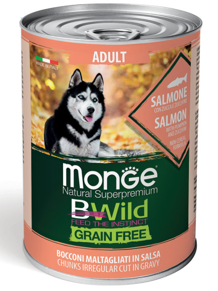 Monge Dog BWild Grain Free влажный беззерновой корм для взрослых собак всех пород с лососем, тыквой и кабачками в консервах 400 г (24 шт в уп)
