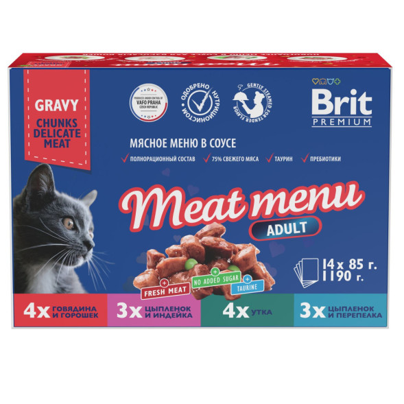 Brit Premium Особые меню влажный корм для взрослых кошек в паучах, Мясное меню в соусе - 85 г х 14 шт