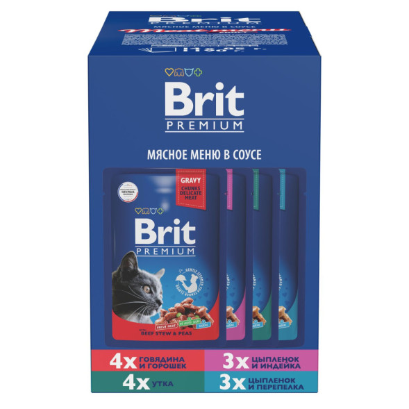 Brit Premium Особые меню влажный корм для взрослых кошек в паучах, Мясное меню в соусе - 85 г х 14 шт