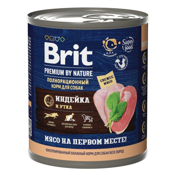 Brit Premium by Nature консервы для взрослых собак всех пород с индейкой и уткой - 850 г х 6 шт