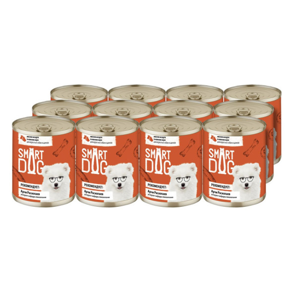 Smart Dog консервы для взрослых собак и щенков мясное ассорти кусочки в соусе - 240 г х 12 шт