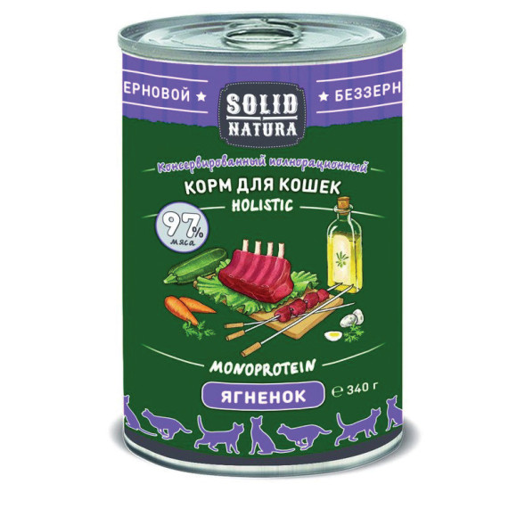 Консервы Solid Natura Holistic с ягненком для кошек - 340 г х 12 шт