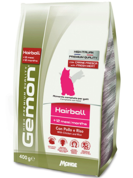 Gemon Cat Hairball сухой корм для взрослых кошек для выведения шерсти из желудка с курицей и рисом 400 г