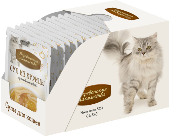 Деревенские лакомства для кошек Суп из курицы с уткой и тыквой, в паучах - 35 г х 15 шт
