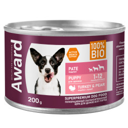 AWARD влажный корм для щенков от 1 месяца, паштет с индейкой и грушей, в консервах - 200 г х 12 шт