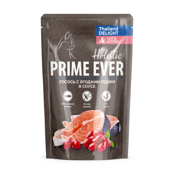 Prime Ever Holistic влажный корм для взрослых кошек с лососем и ягодами годжи в соусе, в паучах - 85 г х 24 шт