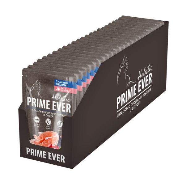 Prime Ever Holistic влажный корм для взрослых кошек с лососем и ягодами годжи в соусе, в паучах - 85 г х 24 шт
