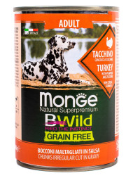 Monge Dog BWild Grain Free влажный беззерновой корм для взрослых собак всех пород с индейкой, тыквой и кабачками в консервах 400 г (24 шт в уп)