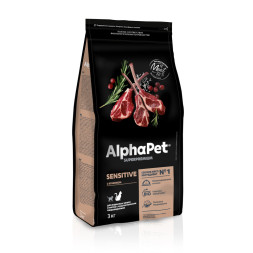 AlphaPet Superpremium сухой полнорационный корм для взрослых кошек и котов с чувствительным пищеварением с ягненком - 3 кг