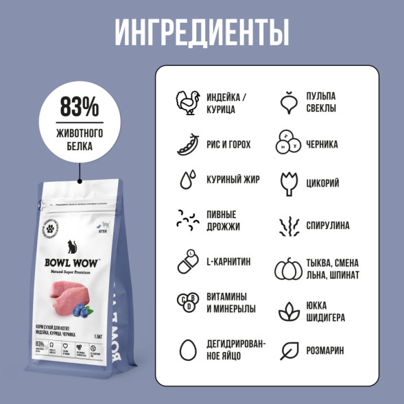 BOWL WOW сухой корм для котят, с курицей и черникой - 1,5 кг