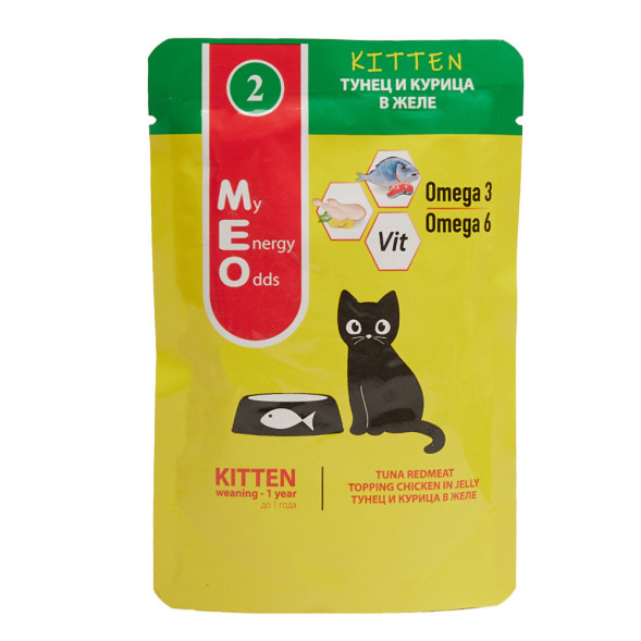 MEO влажный корм для котят с тунцом и курицей в желе, в паучах - 80 г х 12 шт