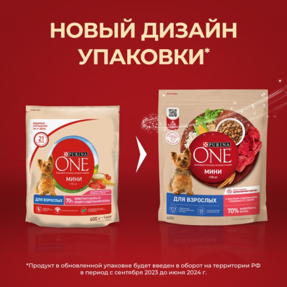 Сухой корм Purina ONE® МИНИ для взрослых собак, с говядиной и с рисом, 600 г