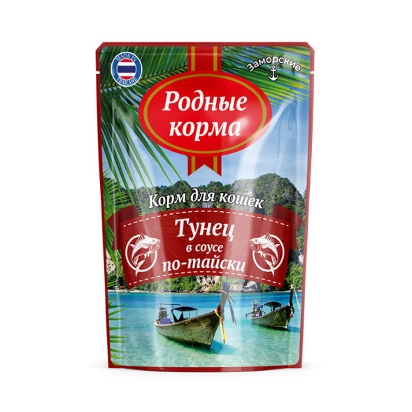 Родные Корма влажный корм для взрослых кошек Заморские паучи тунец в соусе по-тайски - 70 г х 24 шт