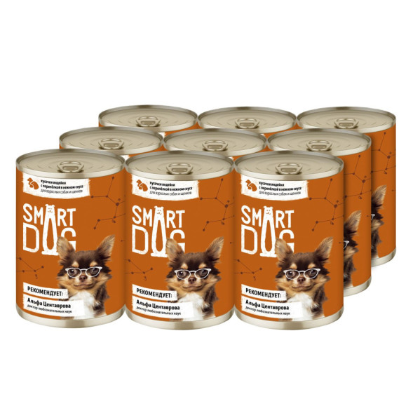Smart Dog консервы для взрослых собак и щенков с индейкой и перепелкой кусочки в соусе - 400 г х 9 шт