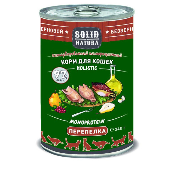 Консервы Solid Natura Holistic с перепелкой для кошек - 340 г х 12 шт