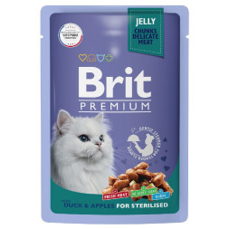 Brit Premium паучи для взрослых стерилизованных кошек с уткой и яблоками кусочки в желе - 85 г х 14 шт