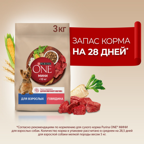 Purina One Мини сухой корм для взрослых собак мелких пород, с высоким содержанием говядины и рисом - 3 кг