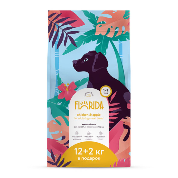 Florida сухой корм для взрослых собак мелких пород с курицей и яблоком 12+2 кг