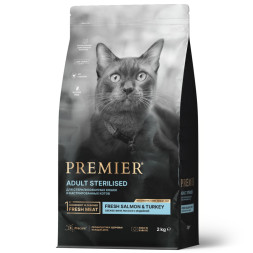 Premier Cat Salmon &amp;amp; Turkey Sterilised сухой корм для взрослых стерилизованных кошек, свежее филе лосося с индейкой - 2 кг