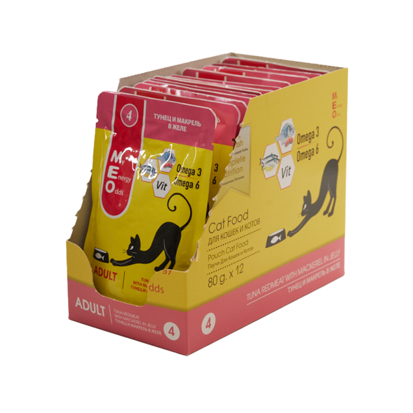 MEO влажный корм для взрослых кошек с тунцом и макрелью в желе, в паучах - 80 г х 12 шт