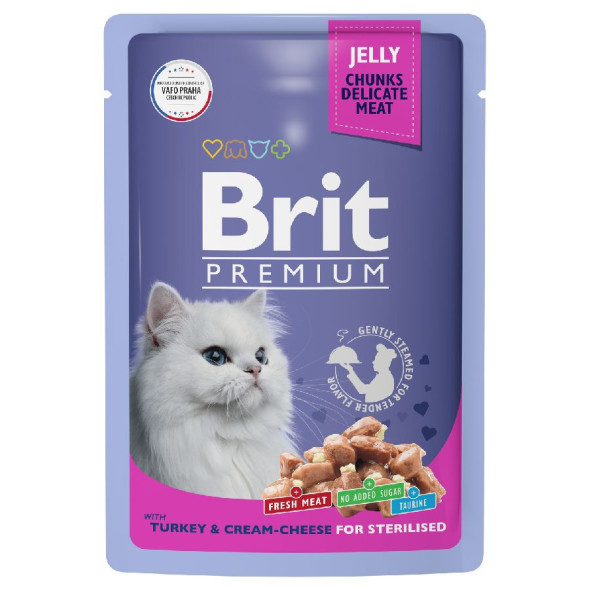 Brit Premium паучи для взрослых стерилизованных кошек с индейкой и сыром кусочки в желе - 85 г х 14 шт