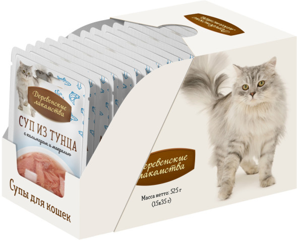Деревенские лакомства для кошек Суп из тунца с кальмаром и макрелью, в паучах - 35 г х 15 шт