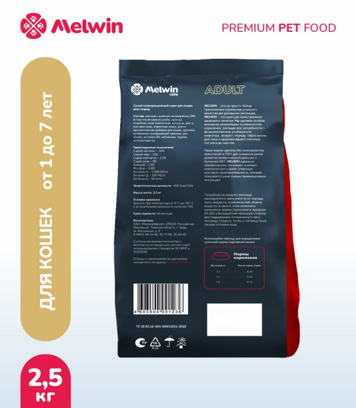 Melwin сухой корм для взрослых кошек от 1 до 7 лет с атлантическим лососем - 2,5 кг
