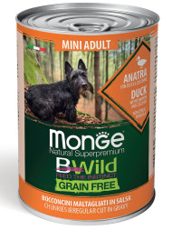 Monge Dog BWild Grain Free Mini влажный беззерновой корм для взрослых собак мелких пород с уткой, тыквой и кабачками в консервах 400 г (24 шт в уп)