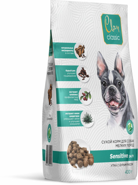 Clan Classic Sensitive 24/11 сухой корм для взрослых собак мелких пород с уткой и бурым рисом - 400 г