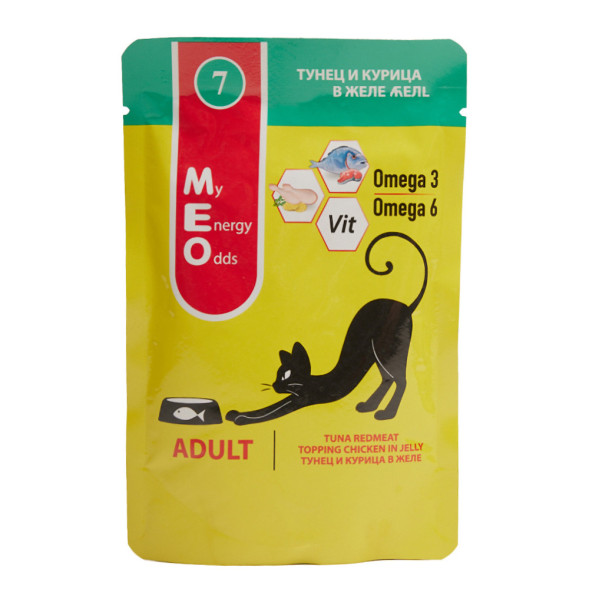 MEO влажный корм для взрослых кошек с тунцом и курицей в желе, в паучах - 80 г х 12 шт