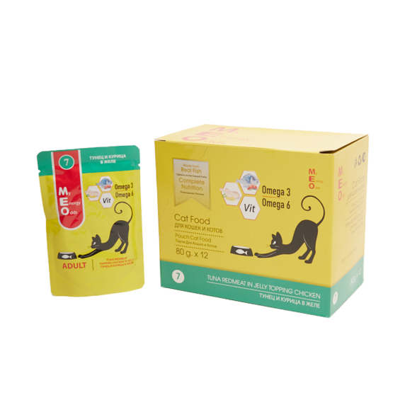 MEO влажный корм для взрослых кошек с тунцом и курицей в желе, в паучах - 80 г х 12 шт