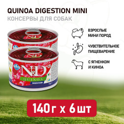 Farmina N&amp;amp;D Quinoa Dog Digestion Mini влажный беззерновой корм для взрослых собак мелких пород с проблемами пищеварения с киноа и ягненком - 140 г (6 шт в уп)