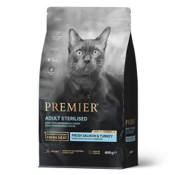 Premier Cat Salmon &amp;amp; Turkey Sterilised сухой корм для взрослых стерилизованных кошек, свежее филе лосося с индейкой - 400 г