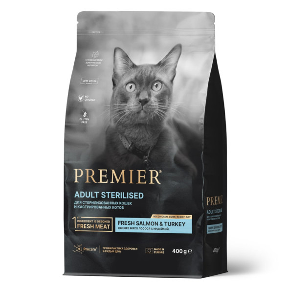Premier Cat Salmon &amp;amp; Turkey Sterilised сухой корм для взрослых стерилизованных кошек, свежее филе лосося с индейкой - 400 г