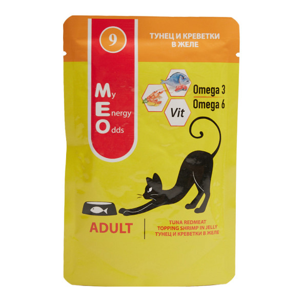 MEO влажный корм для взрослых кошек с тунцом и креветками в желе, в паучах - 80 г х 12 шт