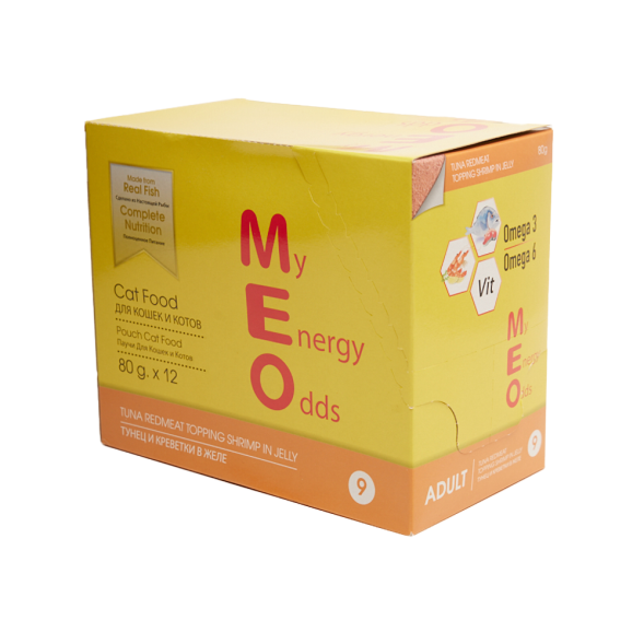MEO влажный корм для взрослых кошек с тунцом и креветками в желе, в паучах - 80 г х 12 шт